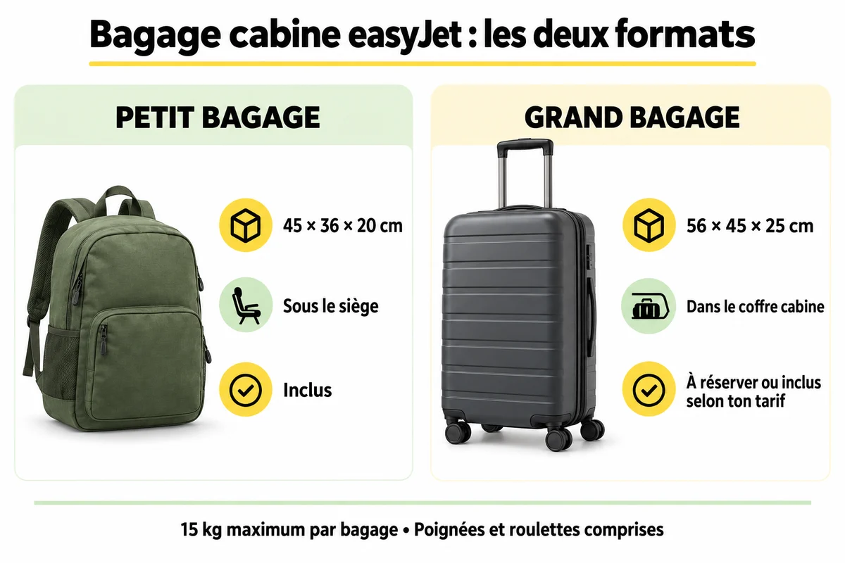 Petit bagage easyJet 45 × 36 × 20 cm et grand bagage 56 × 45 × 25 cm, 15 kg chacun