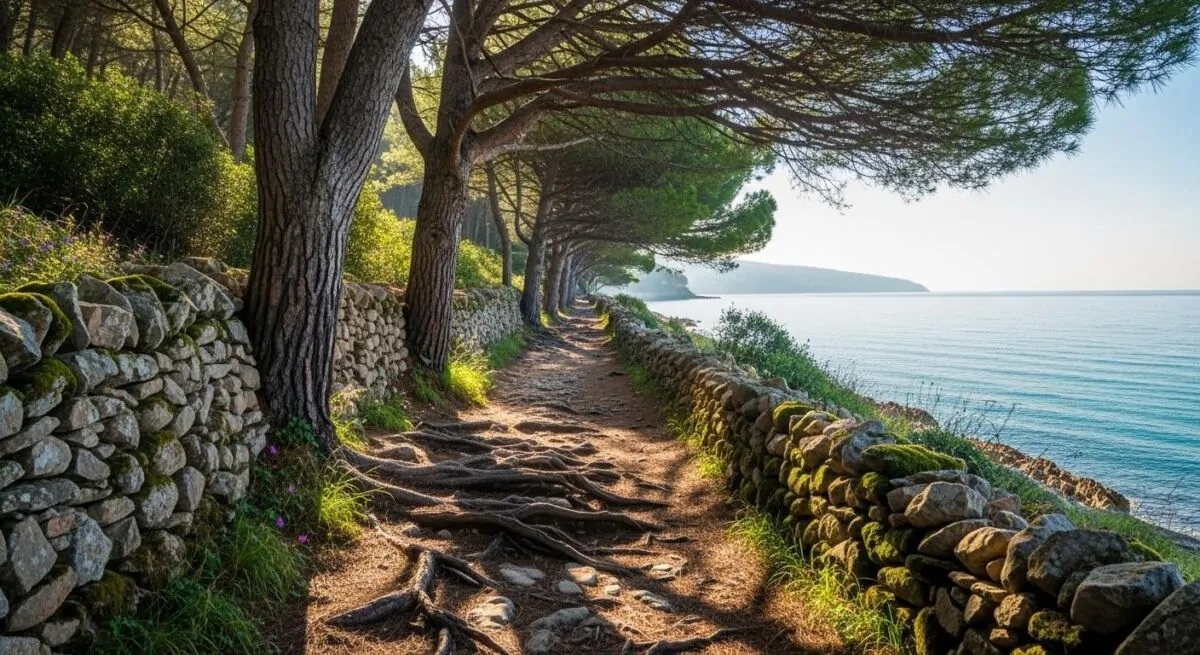 Sentier côtier ombragé longeant la mer, bordé de murets de pierres sèches et de pins, baigné d’une lumière matinale douce, avec la Méditerranée scintillante en arrière-plan