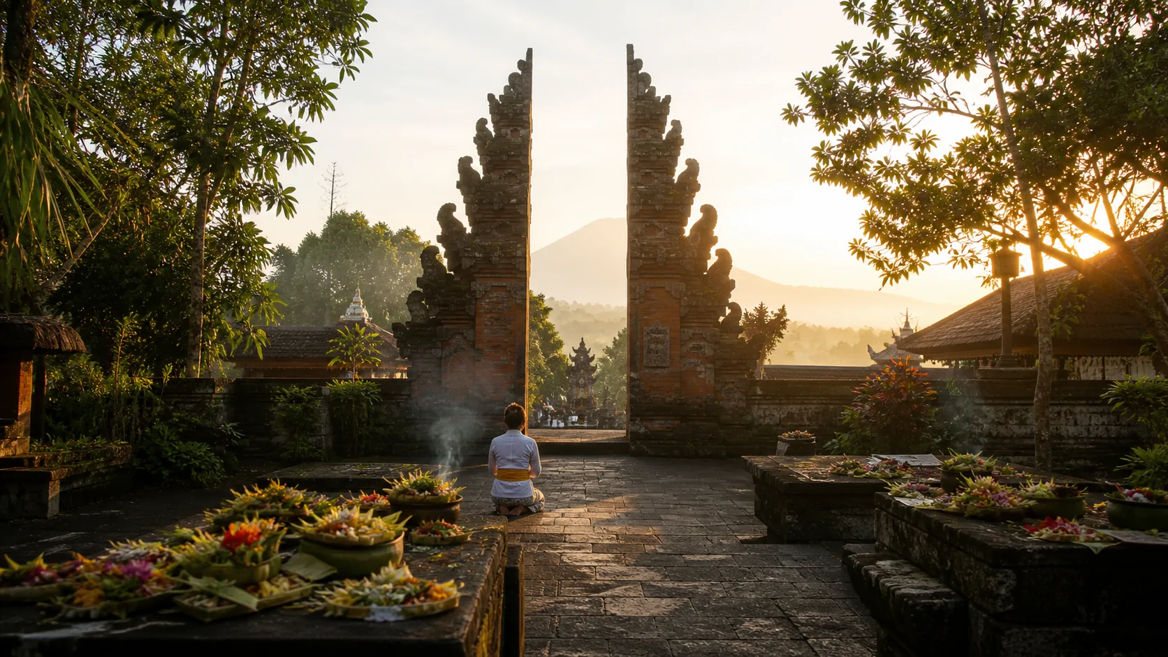 Temple hindou et offrandes religieuses à Bali au lever du jour
