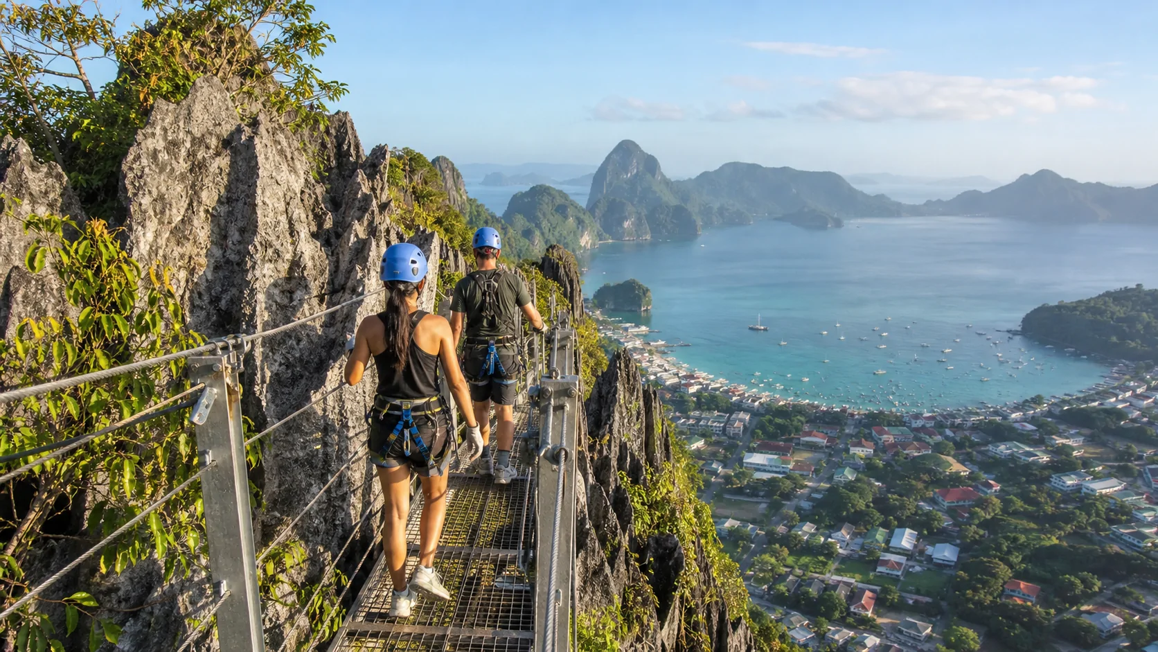 Canopy walk sécurisé sur Taraw Cliff avec vue sur El Nido