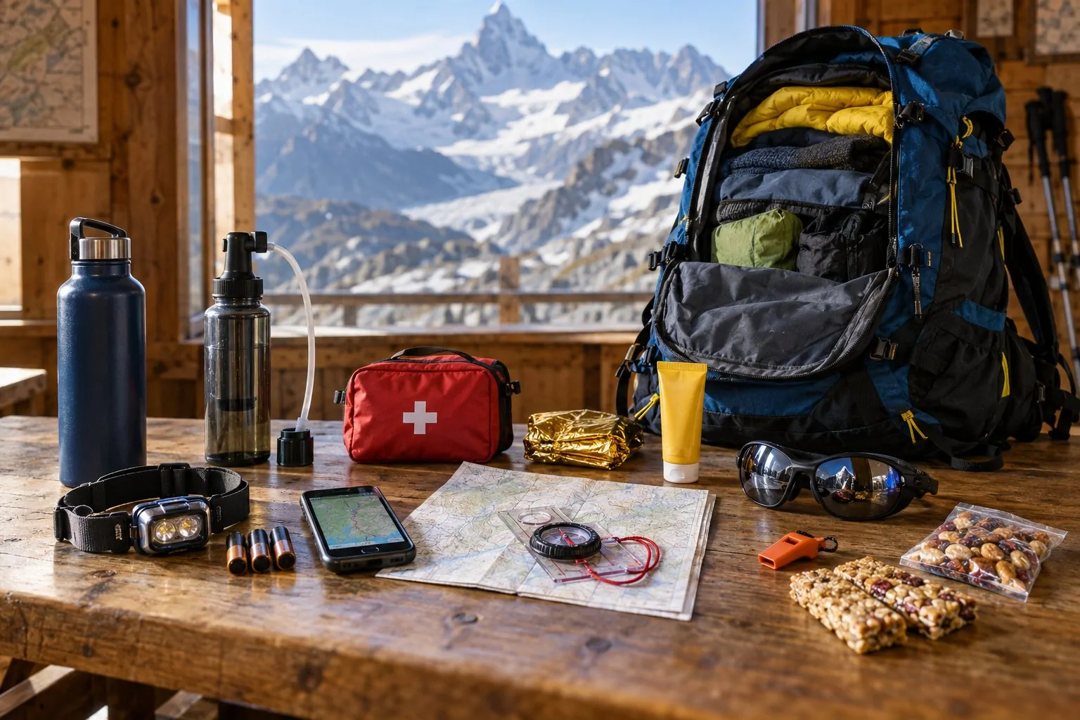Matériel de sécurité, d’orientation et d’hydratation pour un trek en altitude