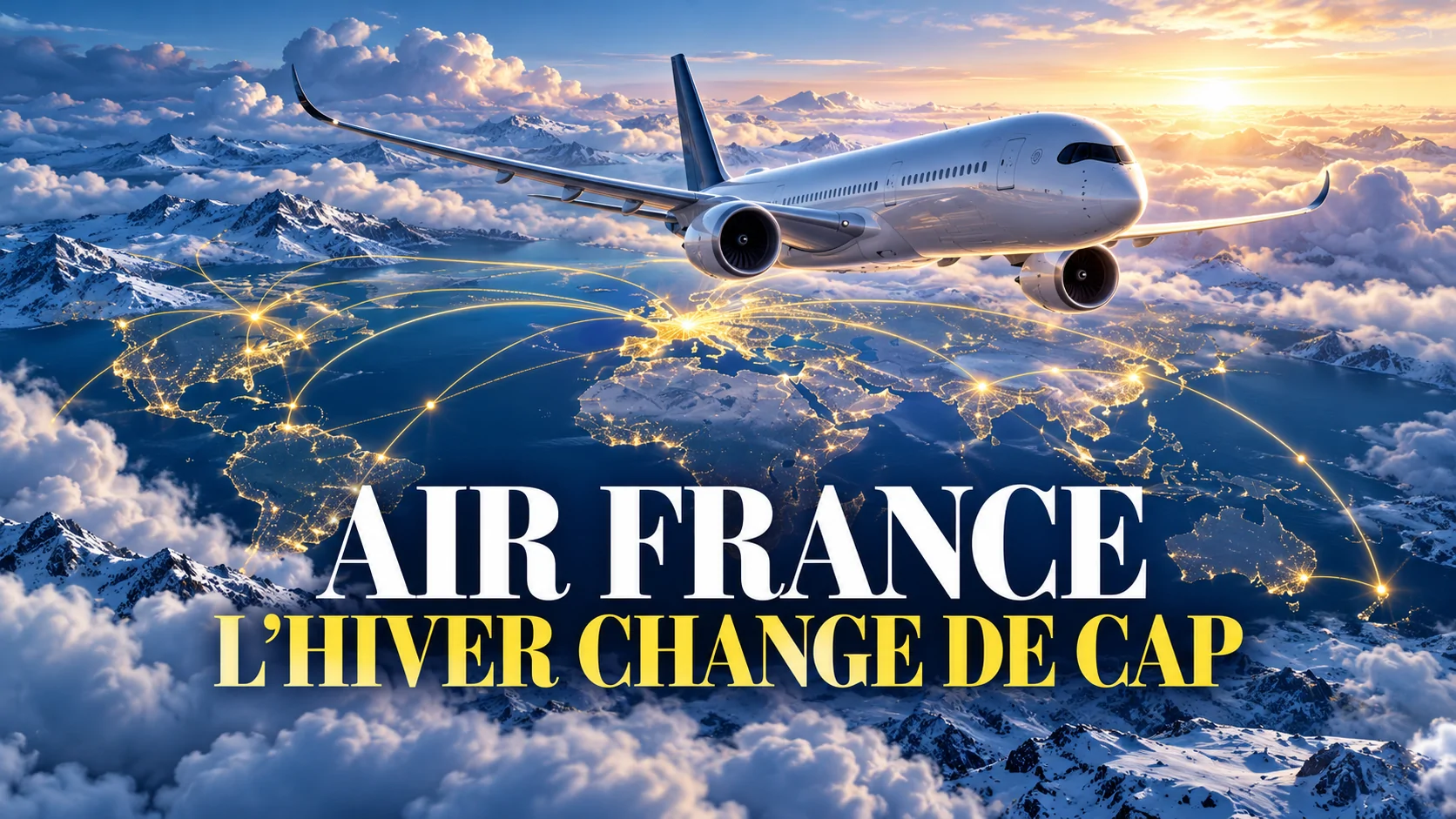 Illustration éditoriale générée par IA : avion au-dessus des nuages pour le programme hiver Air France.