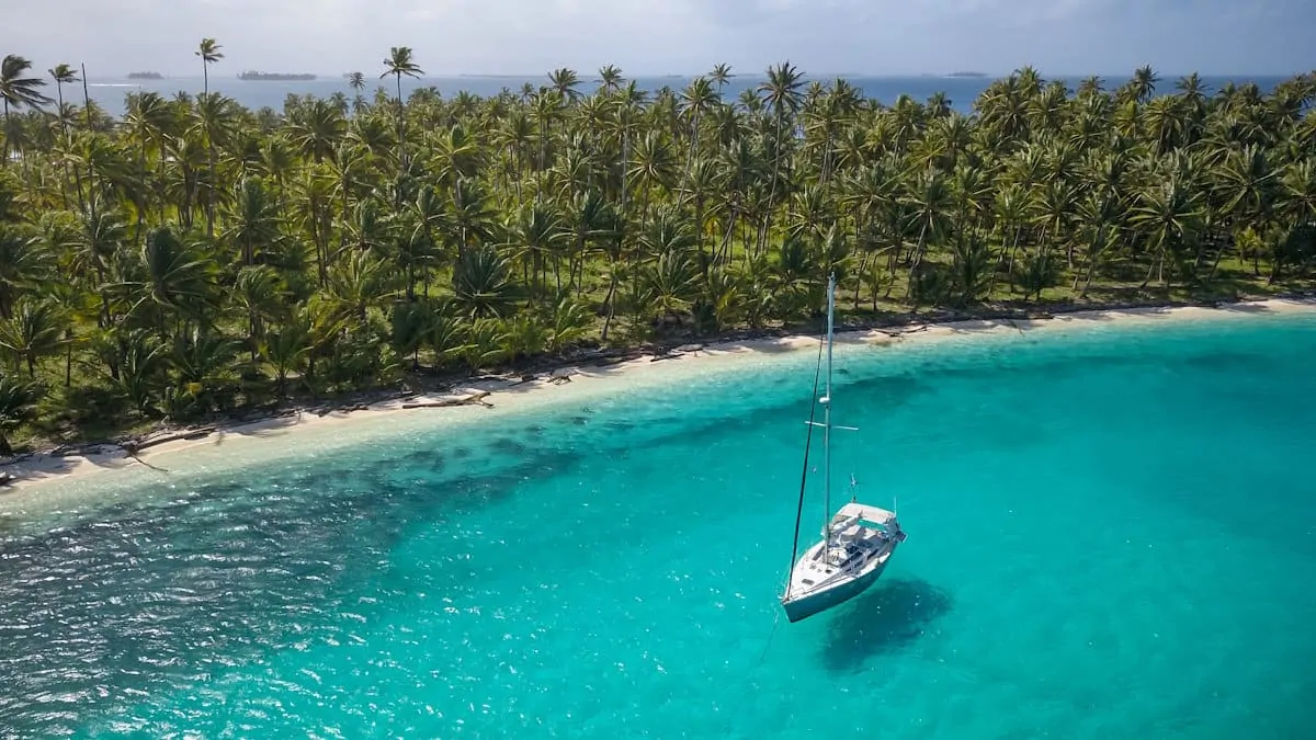 Photo Aérienne d'un bateau à voile blanc ancré dans un Lagon Bleu devant une île paradisiaque des Caraïbes tropicales surélevée de palmiers verts.