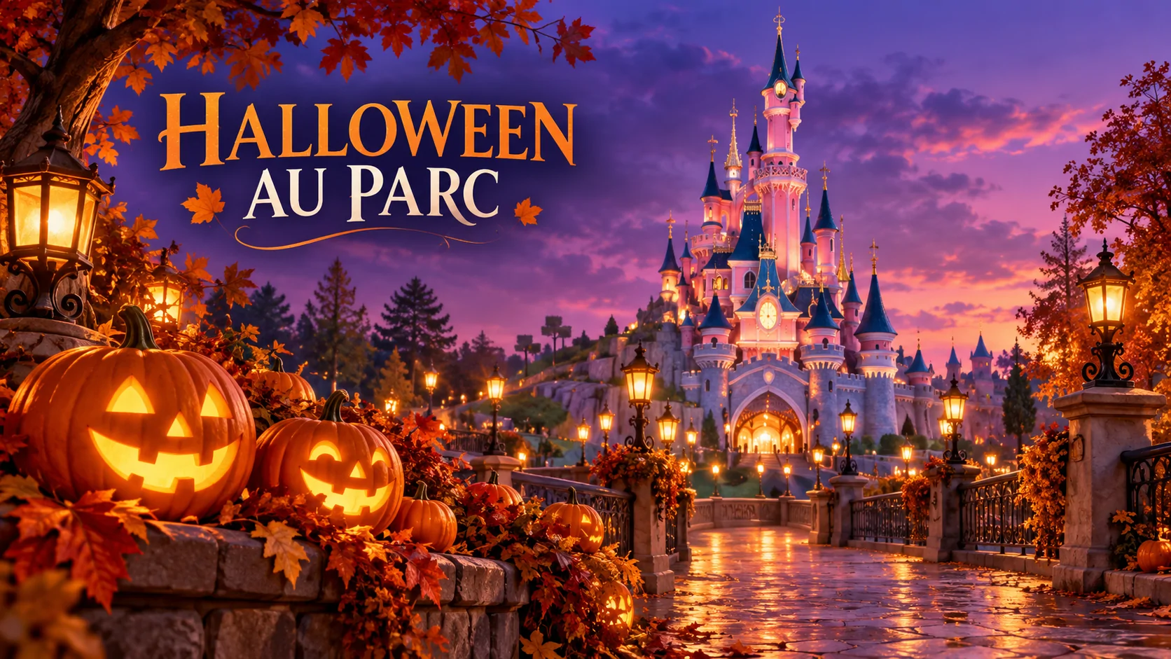 Illustration d’un château de parc à thème entouré de citrouilles à Halloween