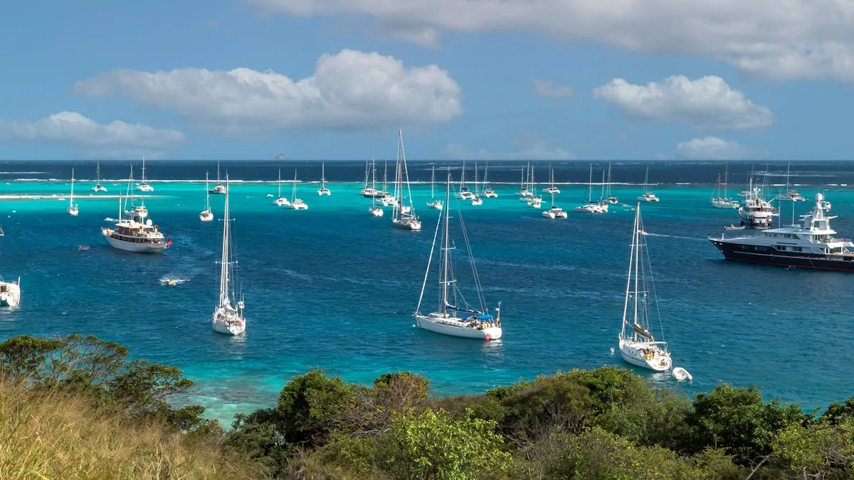 Nombreux voiliers, catamarans et yachts au mouillage dans une baie aux eaux turquoise, entourée d’îlots tropicaux.
