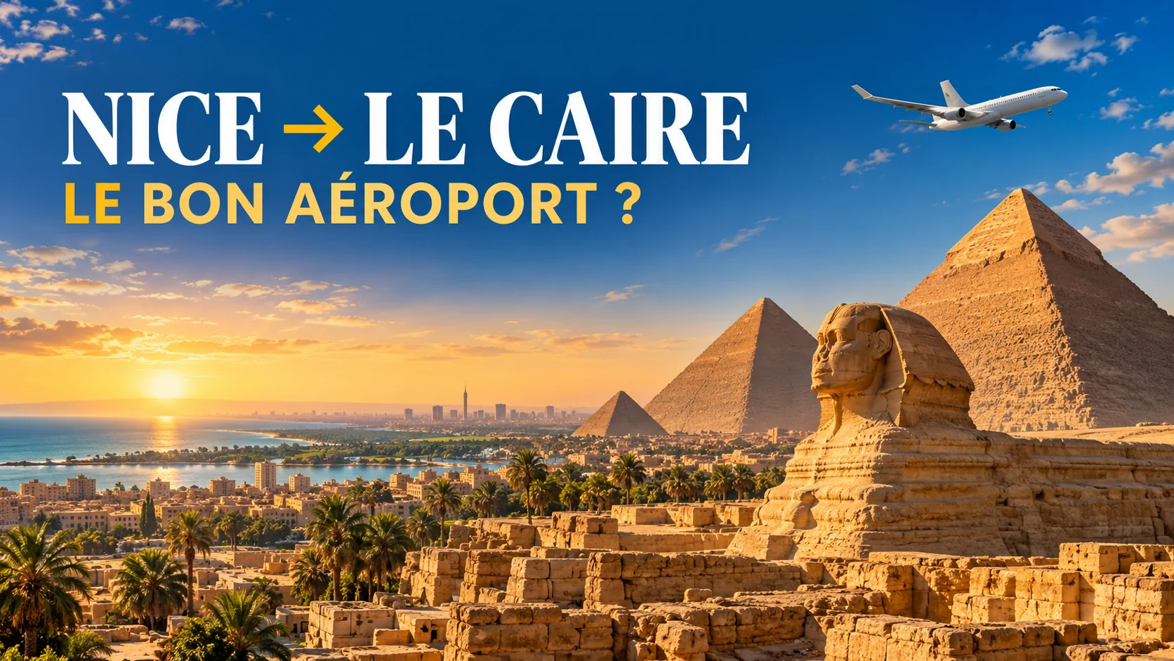 Illustration générée par IA : pyramides de Gizeh et avion pour la liaison Nice–Le Caire Sphinx.