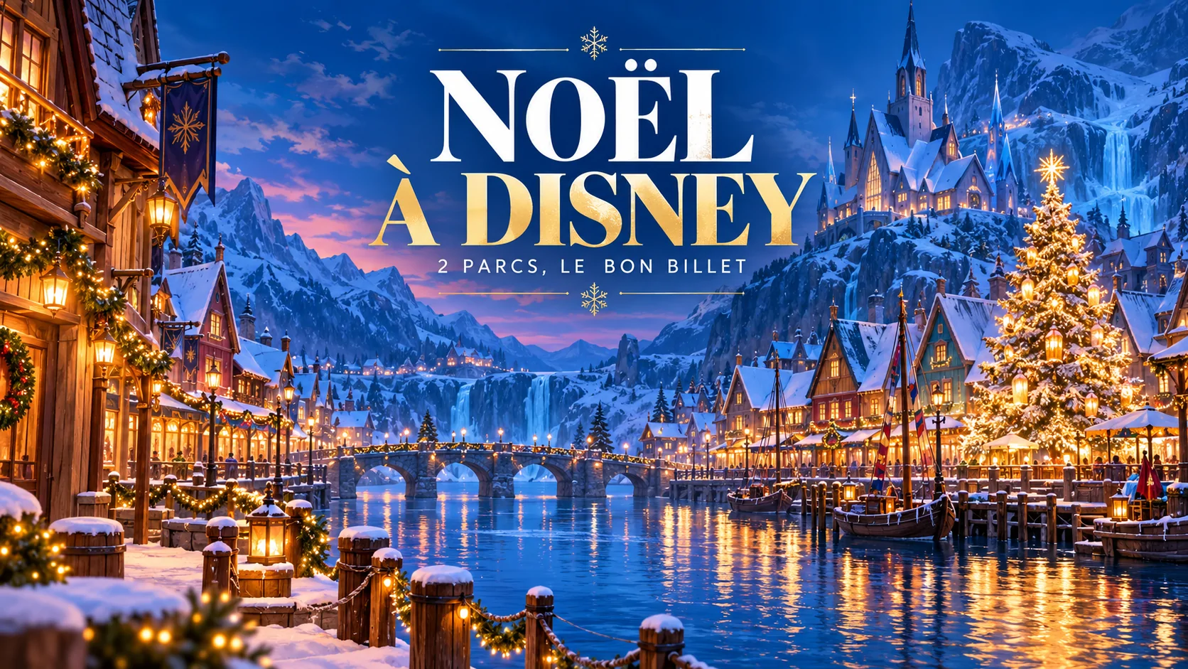 Illustration éditoriale générée par IA : village nordique illuminé pour évoquer Noël à Disney Adventure World.