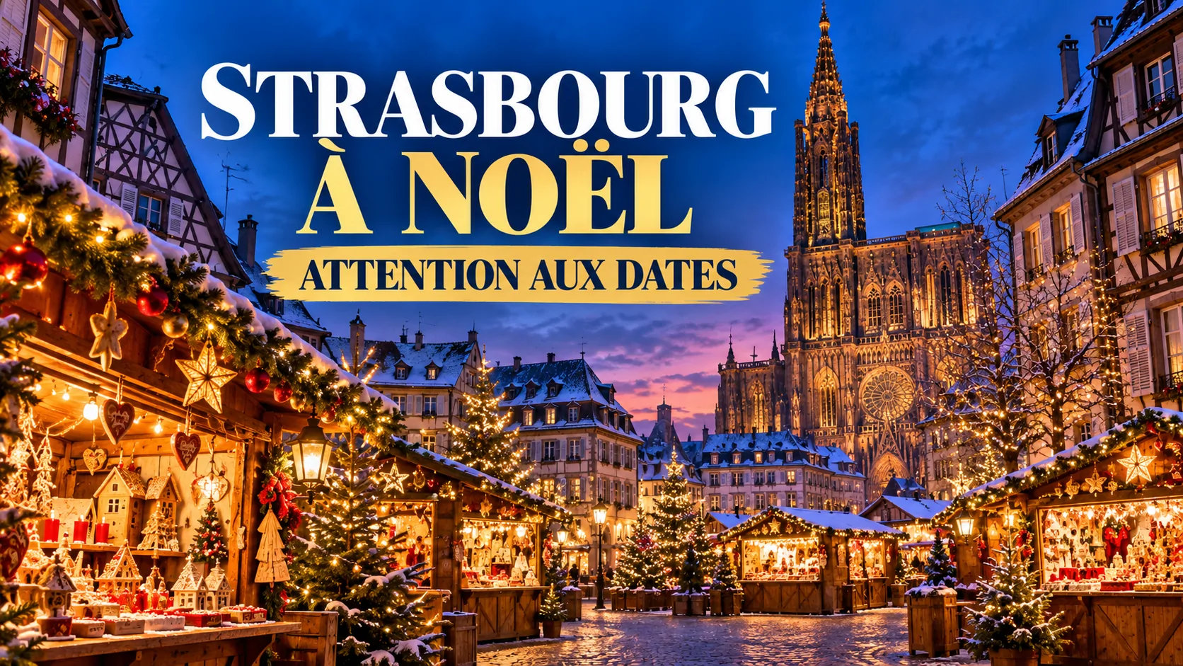 Illustration générée par IA : marché de Noël de Strasbourg avec cathédrale et chalets illuminés.